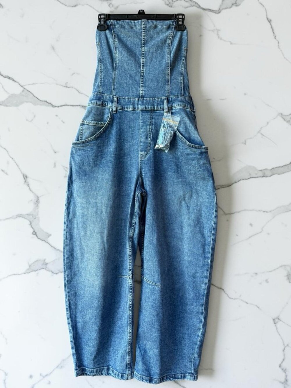 Free People We The Free Womens M Strapless Denim Jumpsuit Barrel Leg Blue NWT